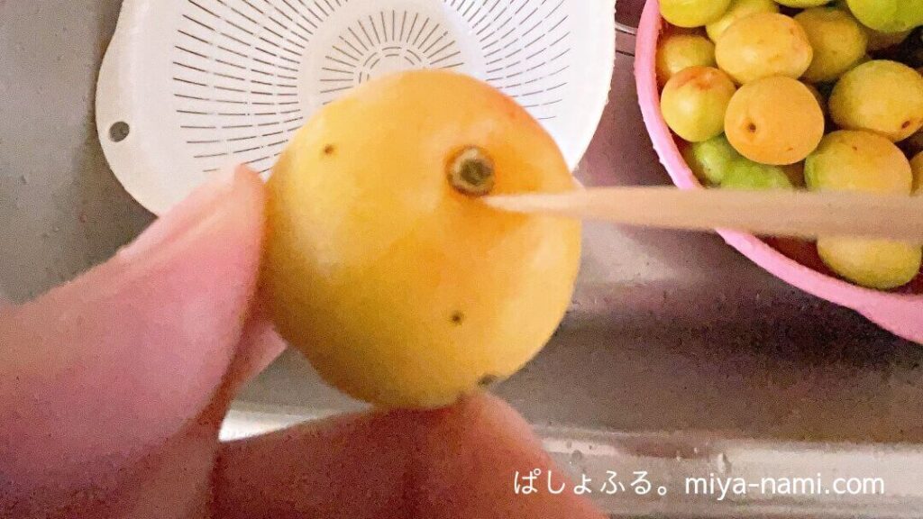 梅のヘタを竹串でとる